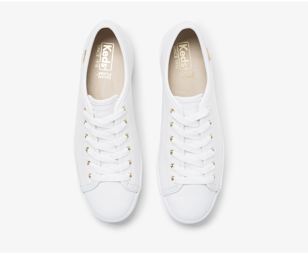 Πανινα Παπουτσια Γυναικεια - Keds Triple Kick Luxe Δερματινα - Λευκα - HQCYF8923